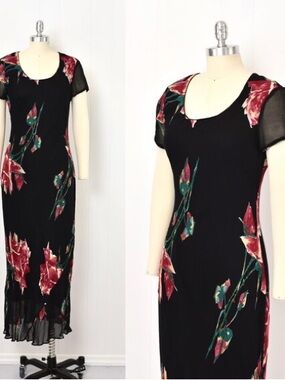 Vintage Black Floral Short-Sleeve Maxi Dress
